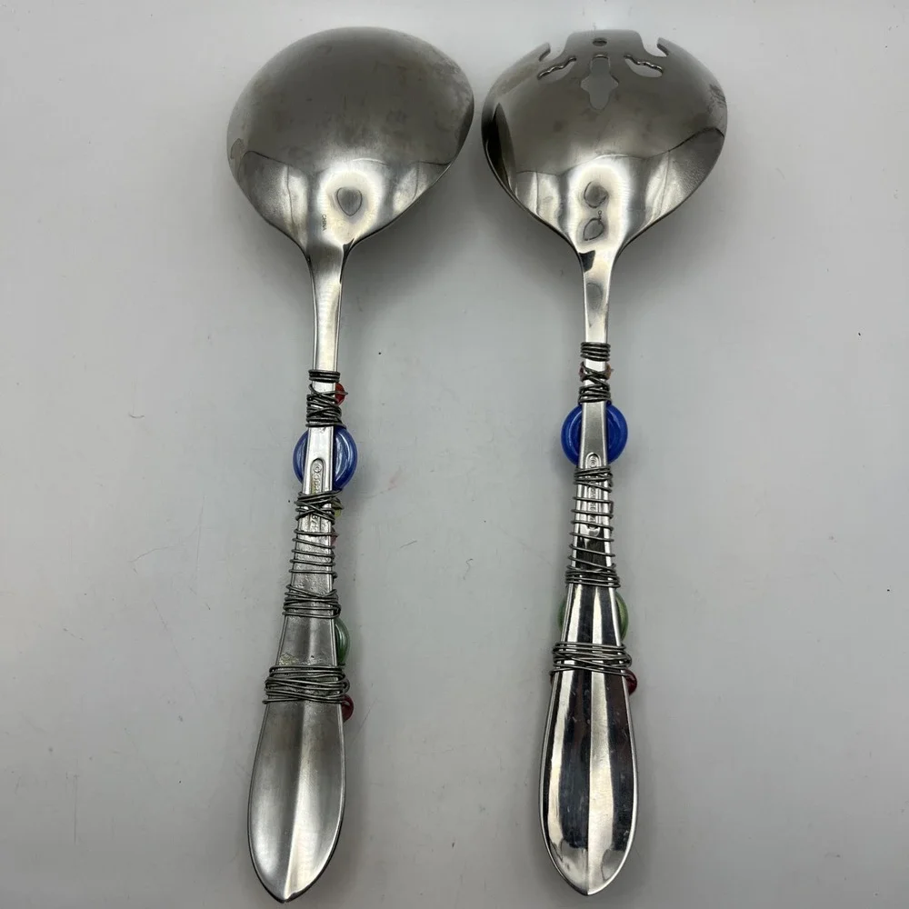 Vintage Gorham 18/10 Stainless Steel Wire Wrapped Beaded Salad Serving Set 2 pc